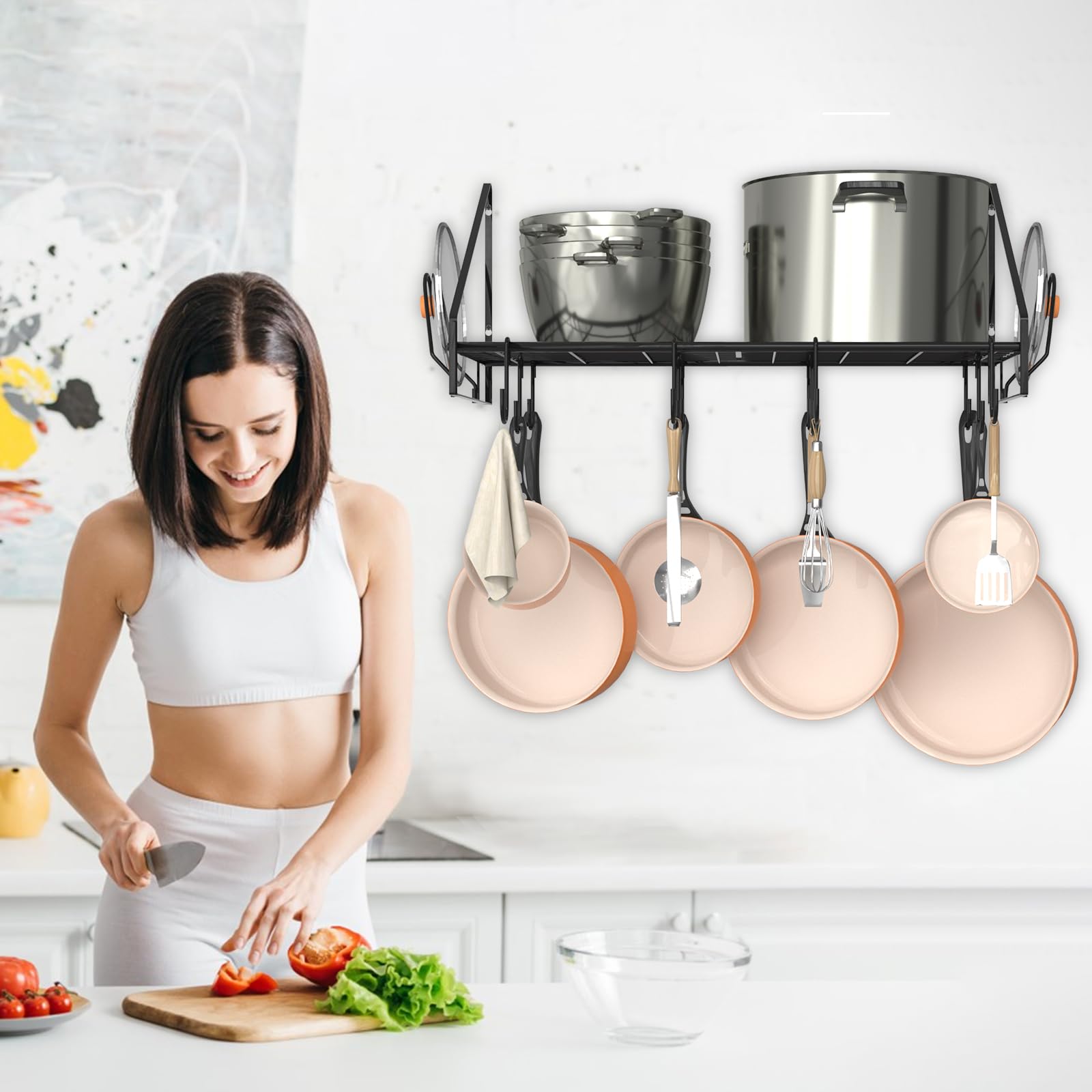 VyGrow Étagère murale à suspendre pour casseroles et poêles avec 12 crochets et 2 supports pour couvercles de casseroles, en acier robuste, pour ustensiles de cuisine, ustensiles de cuisine