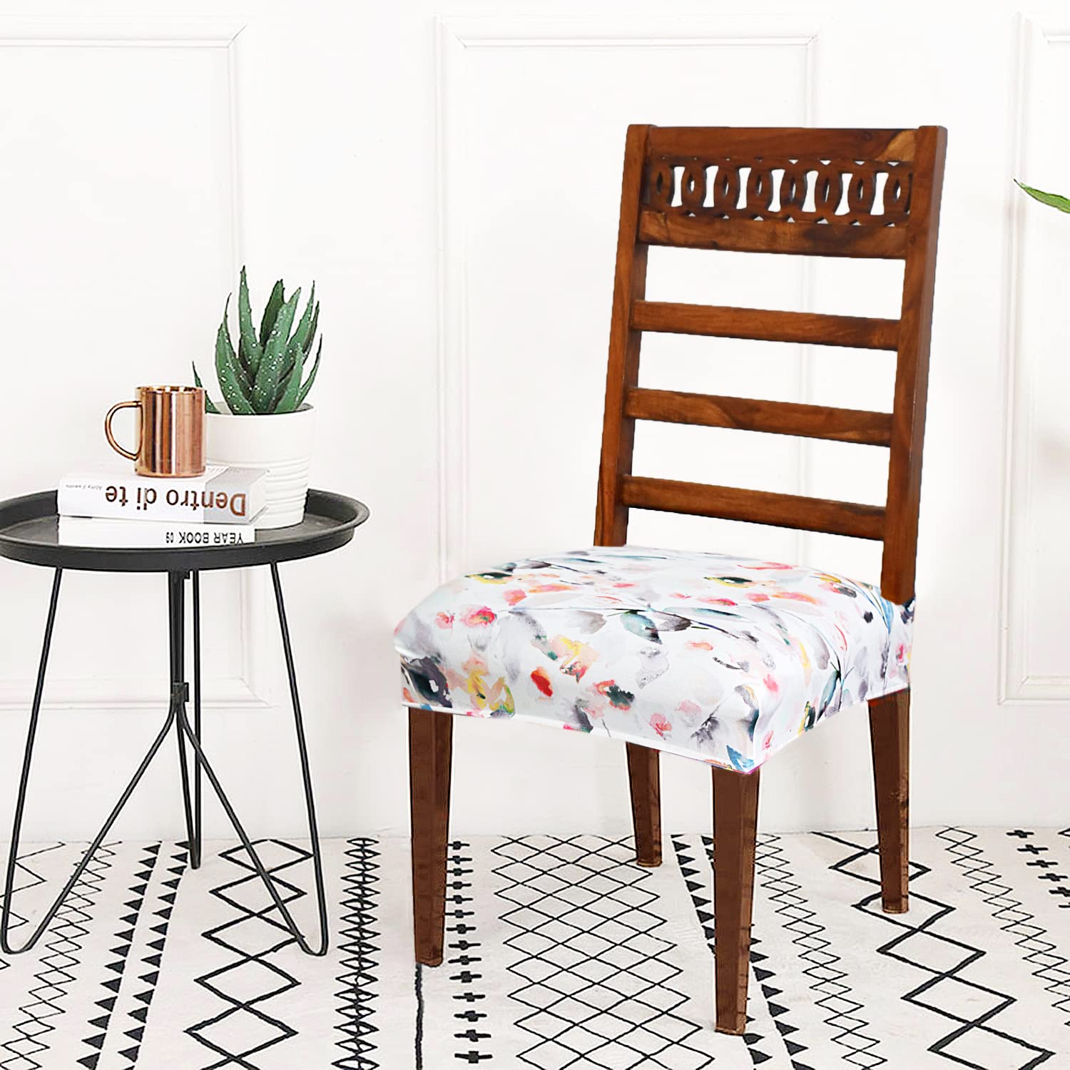 AMAZE ATTIRES Universal Size Dining Chair Seat Cover Set of 8 Seater pcs are Easily Washable Strechable and Comfortable for Dining Room Home Decor Slip Cover ( Black Geometrical )