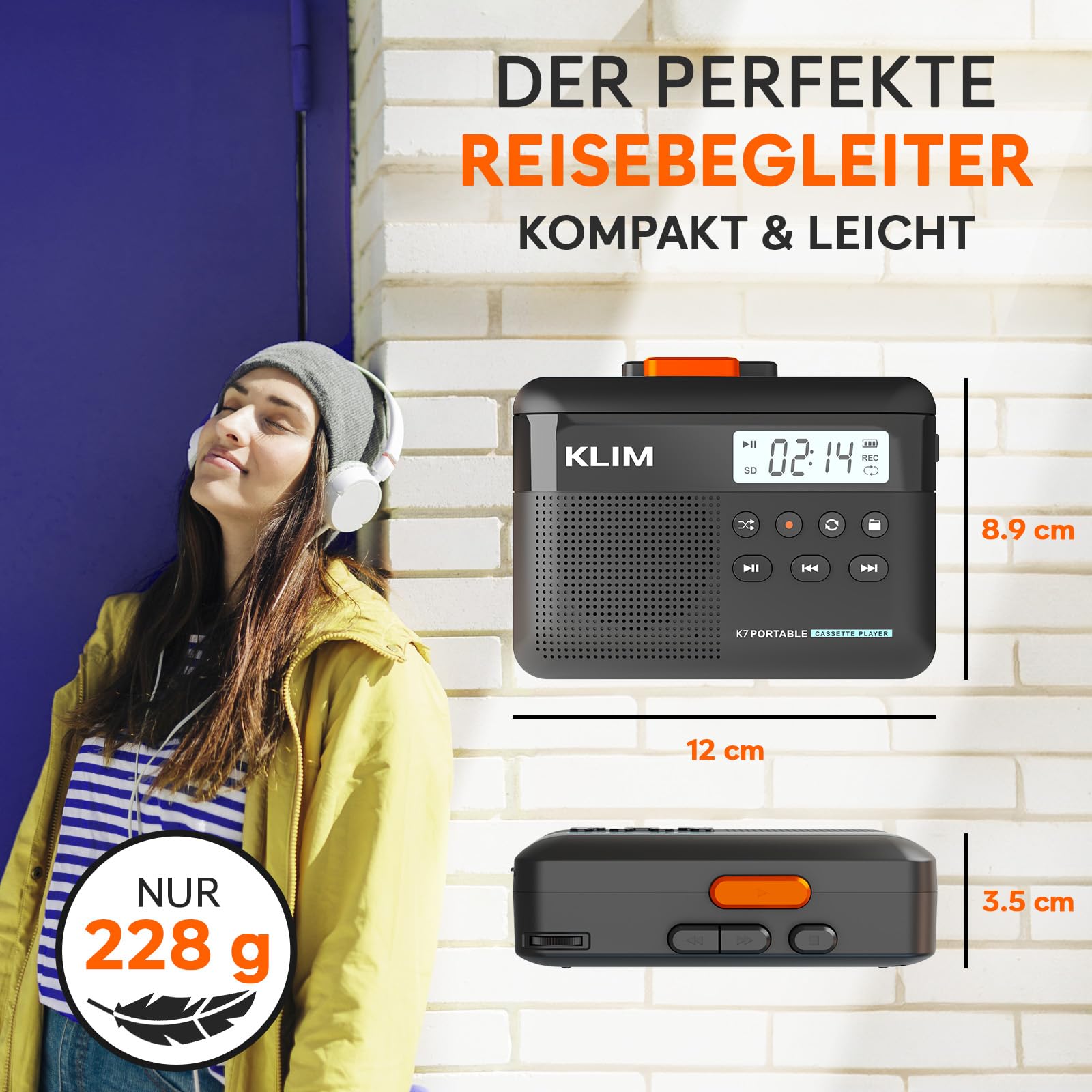 Kassettenspieler 16GB SD-Karte - Cassette Gerät - Kassetten Digitalisieren - Tragbarer Kassettenrekorder - Mikrofon & Lautsprecher - Wiederaufladbarer Aufladbar - Stereoausgang - Schwarz-Orange
