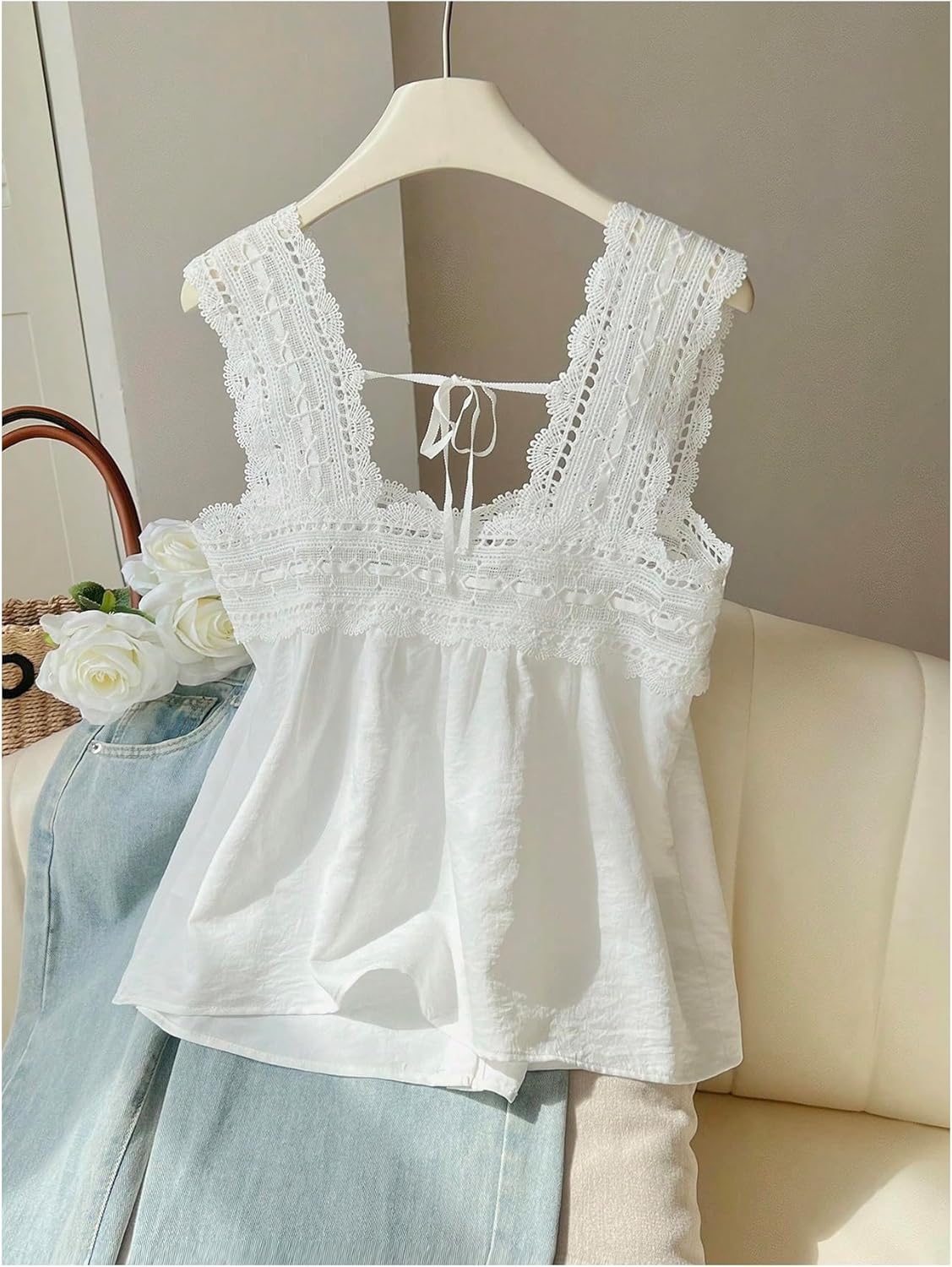 SweatyRocks Women's Lace Embroidery Bow Tie Ruffle Blouses Square Neck Button Sleeveless Summer Shirts - Image 3