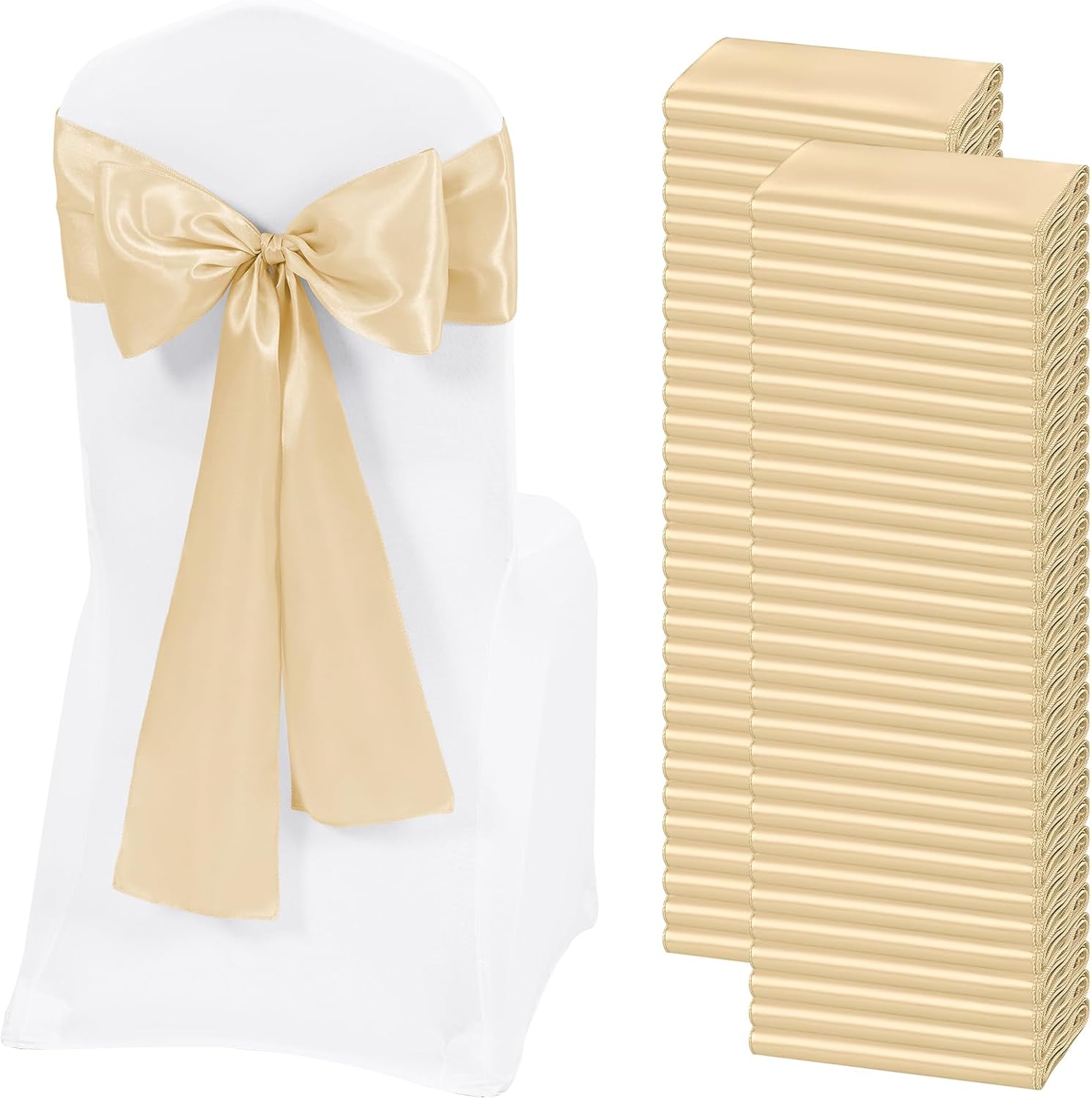 60 PCS Champagne Satin Chair Sashes, Ties Bows Designed Chairs Decorative, Chair Cover Sashes for Thanksgiving Wedding Christmas Banquet Party Home Kitchen Decoration (7 x 108 inch)