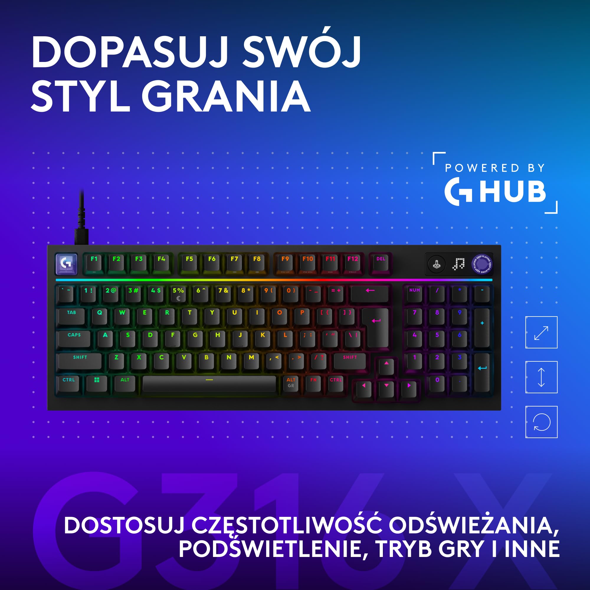 Logitech G G316 X 98, klawiatura do gier, 8 kHz,wymienne sprężynujące przełączniki,konstrukcja uszczelkowa,LED matrycowy & pokrętło,podwójne klawisze PBT,USB-C,RGB LIGHTSYNC,PC, US INT'L QWERTY-Czarny