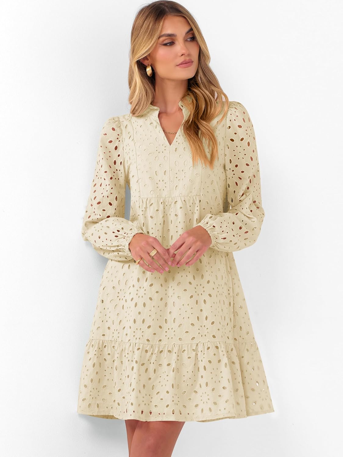 Caracilia Womens Dresses Long Sleeve V Neck Eyelet Hollow Out Fall Casual Flowy Swing Boho Tiered 2025 Mini Short Dress - Image 3