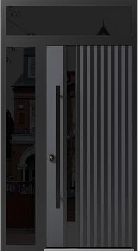 Front Exterior Prehung Steel Door/Ronex 0144 Grey/Side and Top Exterior Window Sidelite/Entry Metal Modern Painted W36+12" x H80+16" Right Hand Inswing