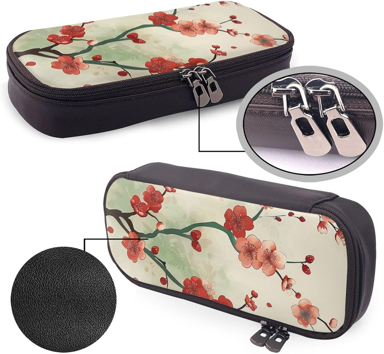 Japanese Spring Plum Floral Printed Leather Pencil Case Pen Pouch Holder with Zipper for School Travel Office, Black, One Size, Make-up Pouch