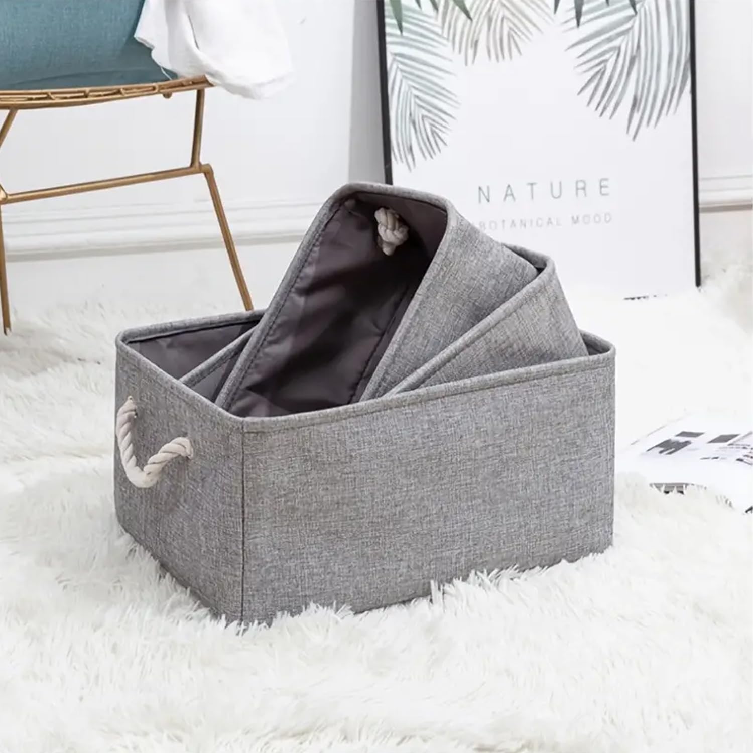 Kuber Industries Stackable Storage Basket|Foldable Toy Storage Bin|Wardrobe Organizer For Clothes|3 Different Sizes (Grey) (Pack Of 3) 2