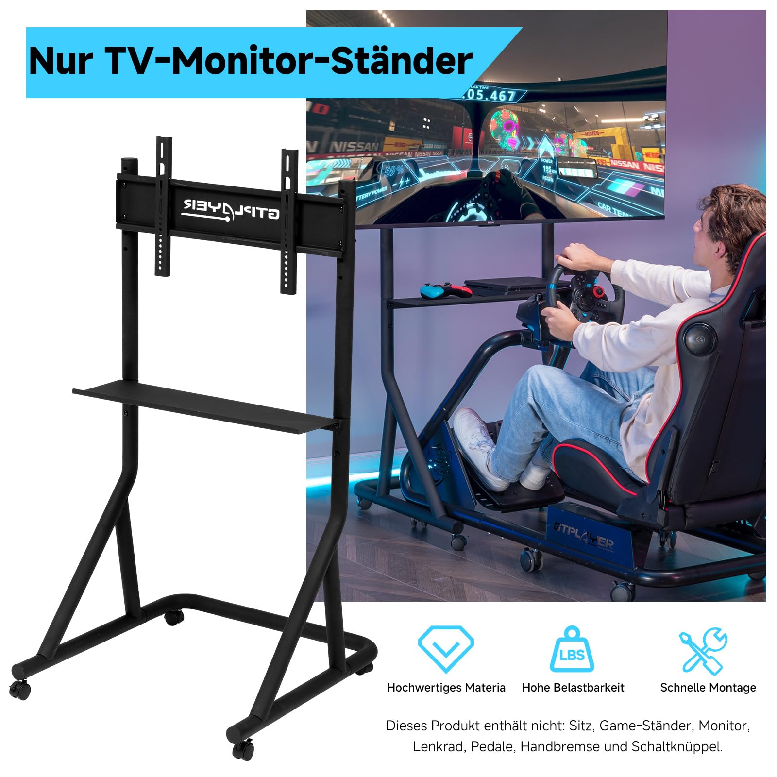 GTPLAYER Rennsimulator Monitorhalterung höhenverstellbar mit Rollen für 32-65 Zoll Fernseher & Monitor, Racing Simulator Monitorständer Einzelbildschirm Halterung für Sim Racing Cockpit