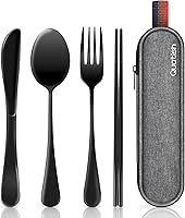 Quatish Travel Utensils with Case: Portable Stainless Steel Reusable Cutlery Set - Fork Spoon Knife Chopsticks for Camping, Picnic, Work Lunch Box, Black