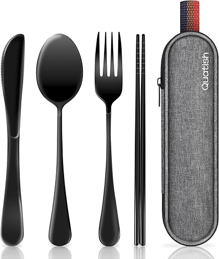 Travel Utensils with Case, Quatish Portable Silverware Set for Work, 304 Stainless Steel Reusable Travel Cutlery Set, Fork and Spoon Set for Camping, EDC Gadgets, Lunch Box for Men