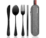 Travel Utensils with Case, Quatish Portable Silverware Set for Work, Stainless Steel Reusable Travel Cutlery Set, Fork and Spoon Set for Camping, Picnic, Gadgets, Lunch Box for Men, Black