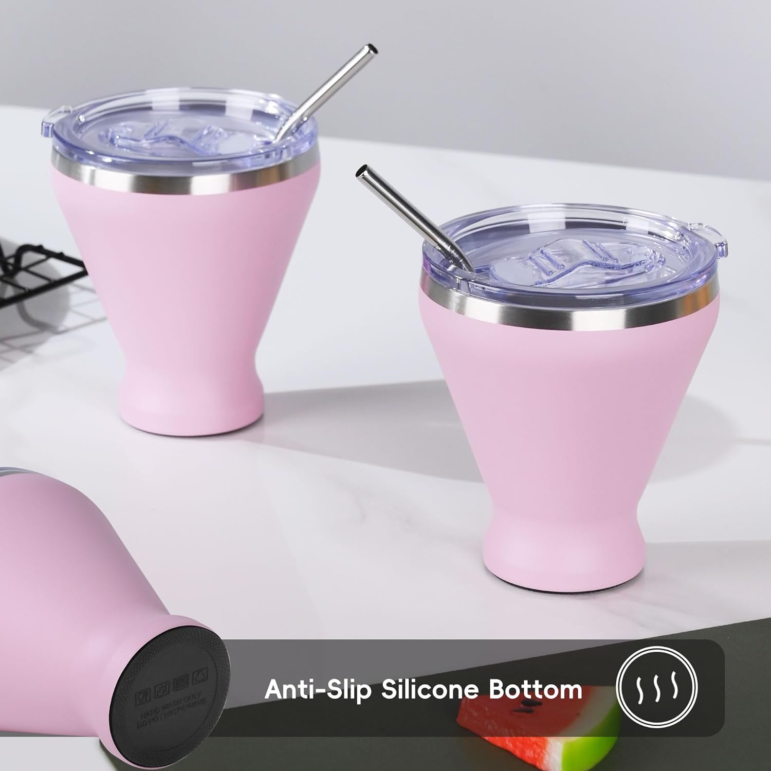SuperCook Stainless Steel Martini Glass with Lid, Double Wall Vacuum Insulated Stemless Cocktail Glasses, Stay Icy Cold Wine Tumbler with Straw, Set of 6, 12 Oz, Pink