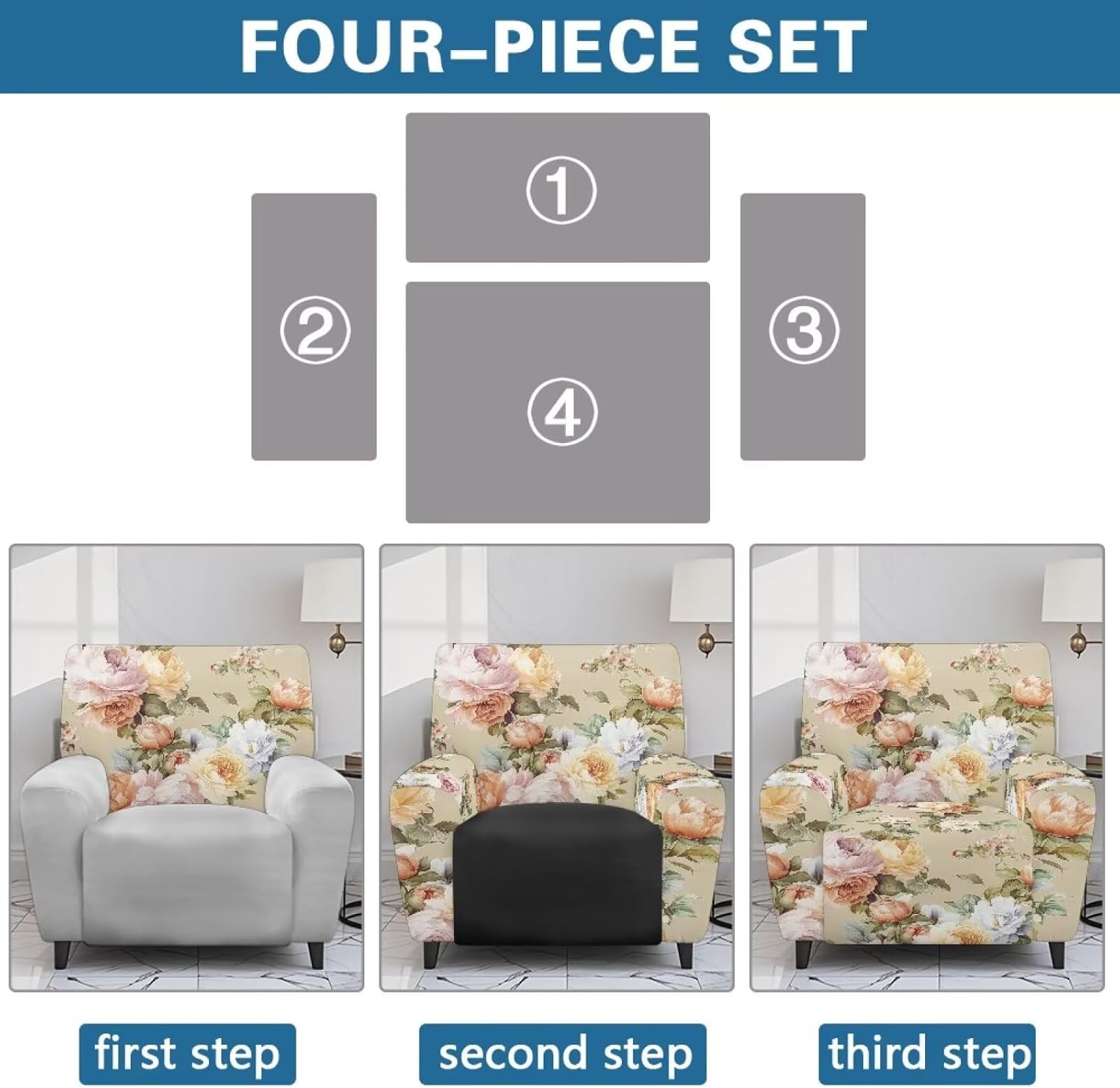Peony Flowers Recliner Chair Covers Slipcovers Floral Sofa Slipcover for Reclining Chairs Protector Washable Stretchy Reclining Couch Covers with Pocket for Home Decoration