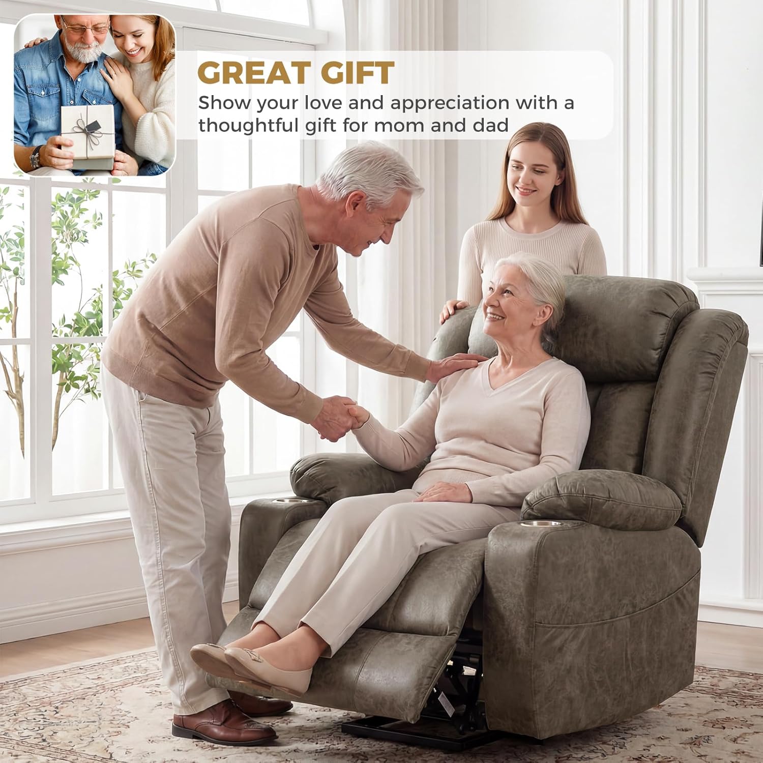 Oversized Power Lift Recliner Chair for Elderly, Big and Tall Recliner Chair with Massage and Heating, Breathable Leather Lift Chairs w/Metal Cup Holders, USB & Type-C Ports, Matte Grey