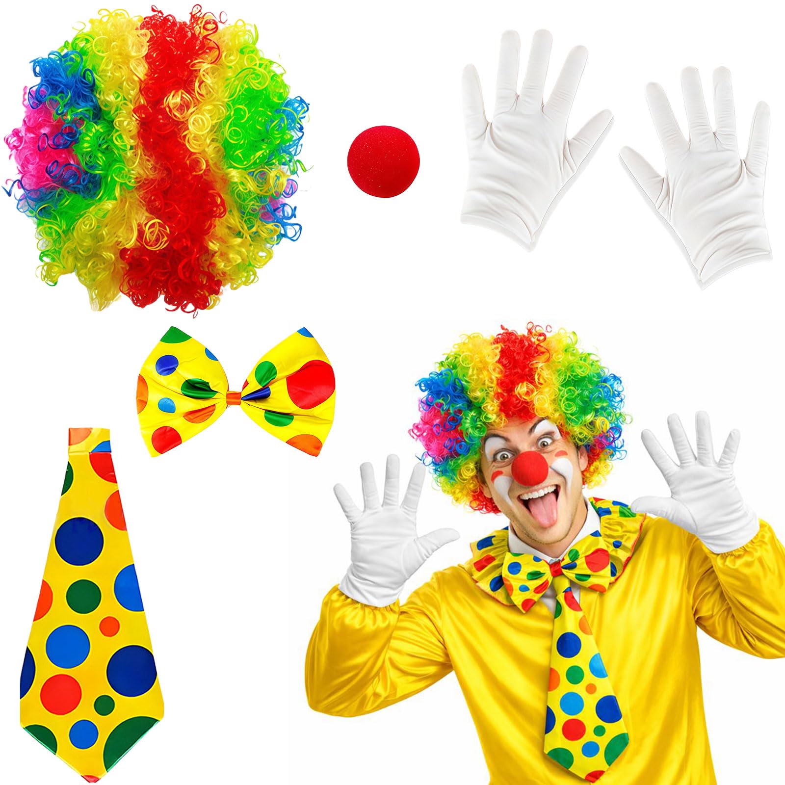 GWAWG 5PCS Rainbow Clown Costume Set Wig, Nose, Gloves, Bow Tie,Dress Up Costume Adult Rainbow,Mix classic clown accessories,Clown Costume Kit for Halloween Party, Circus Performance
