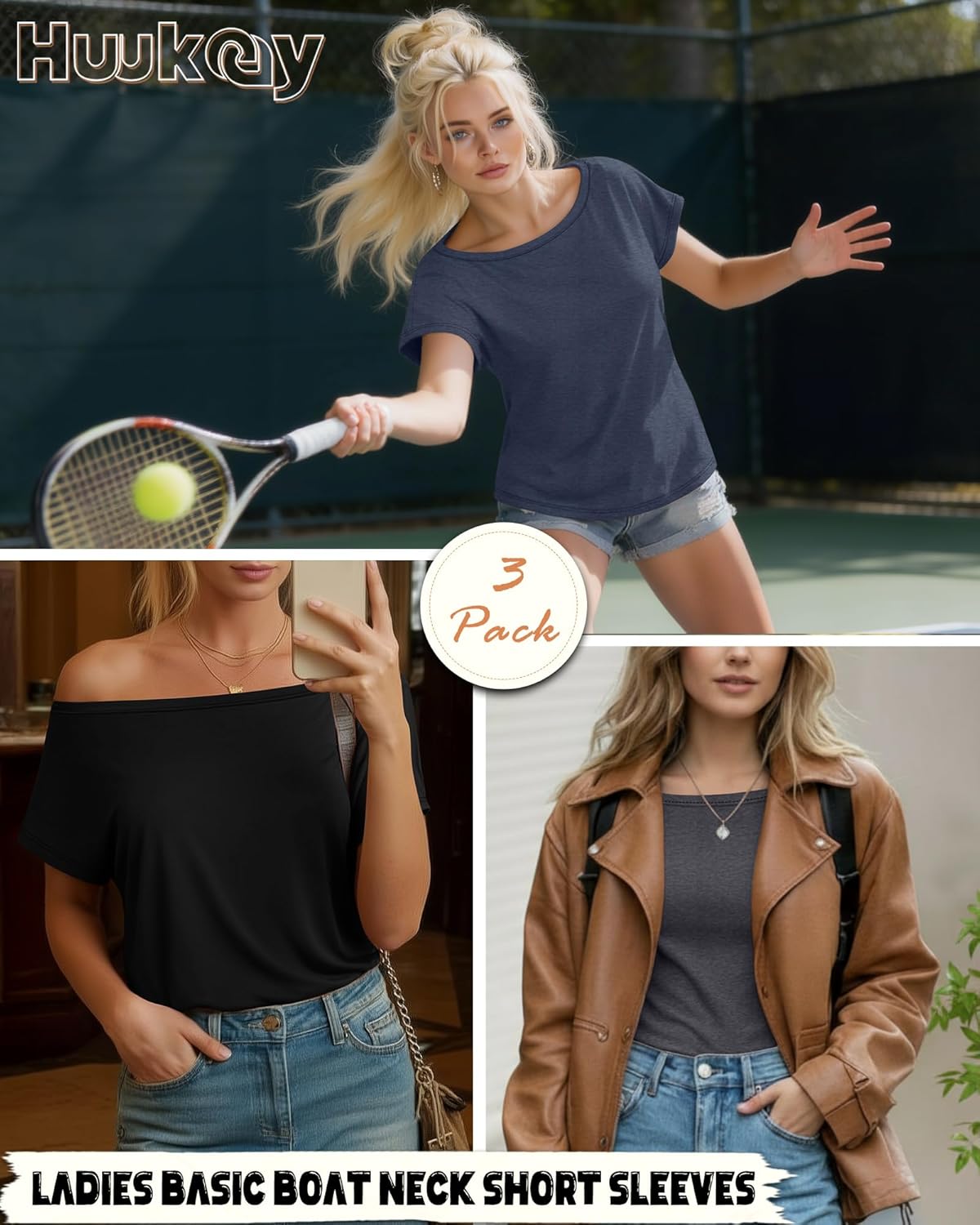 Huukeay 3 Pack Boat Neck Off The Shoulder Tops for Women, Short Sleeve Loose Shirts Causal Oversized Tunic Basic Tees - Image 2
