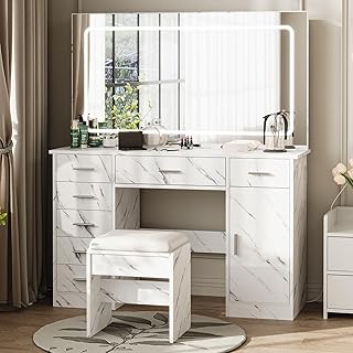 Vanity Desk with Large Mirror and Lights, Makeup Vanity with Power Outle...