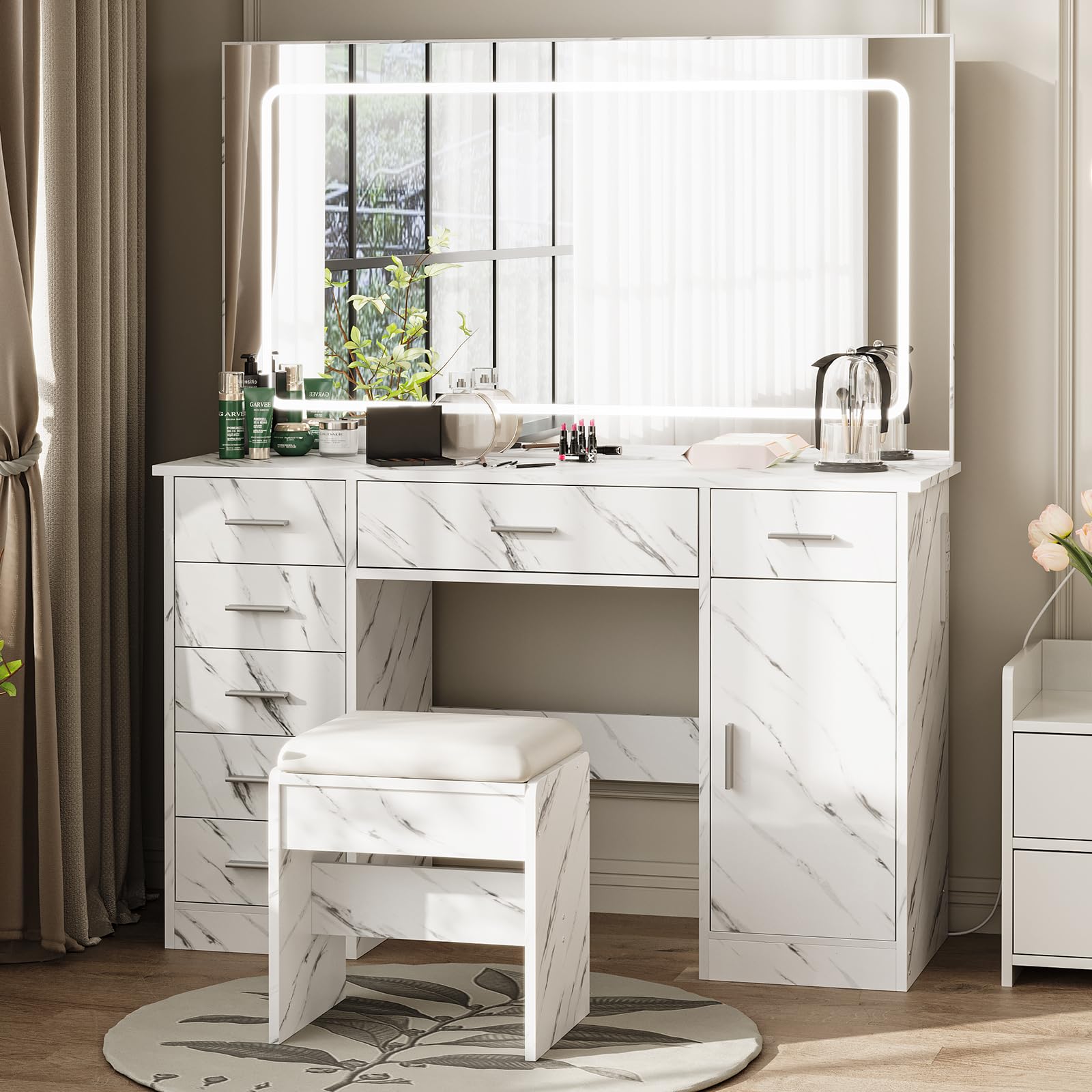 Patikuin Vanity Desk with Mirror and Lights, White Makeup Vanity with 7 Drawers, 3 Light Mode and Brightness Adjusted, Dressing Table with Hairdryer