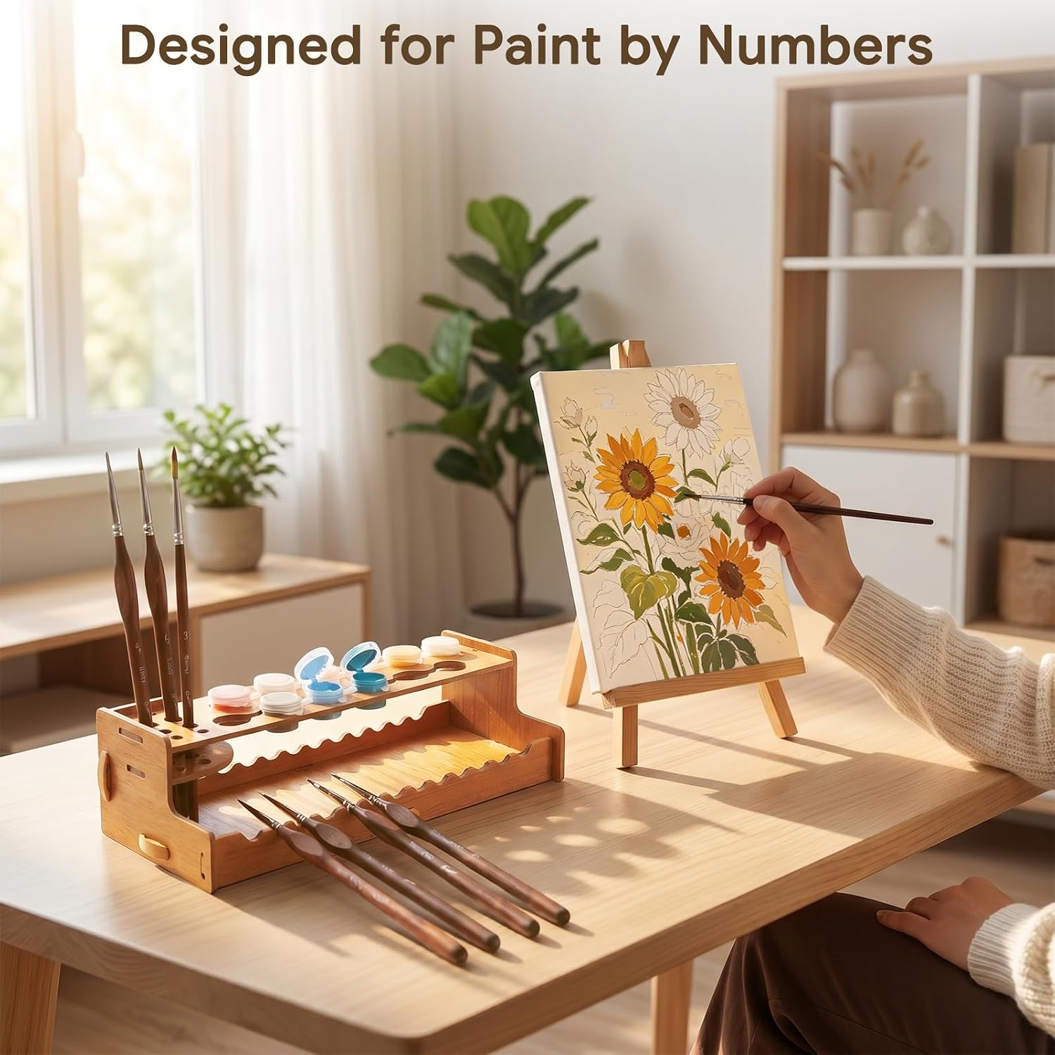 Bougimal 12 Pcs Detail Paint Brushes and Wooden Organizer Rack 2-in-1 Set, Holds Detail Brushes for Easy Access & Optimizes Workspace, Paint by Numbers Kits Accessories and Tools for Adults