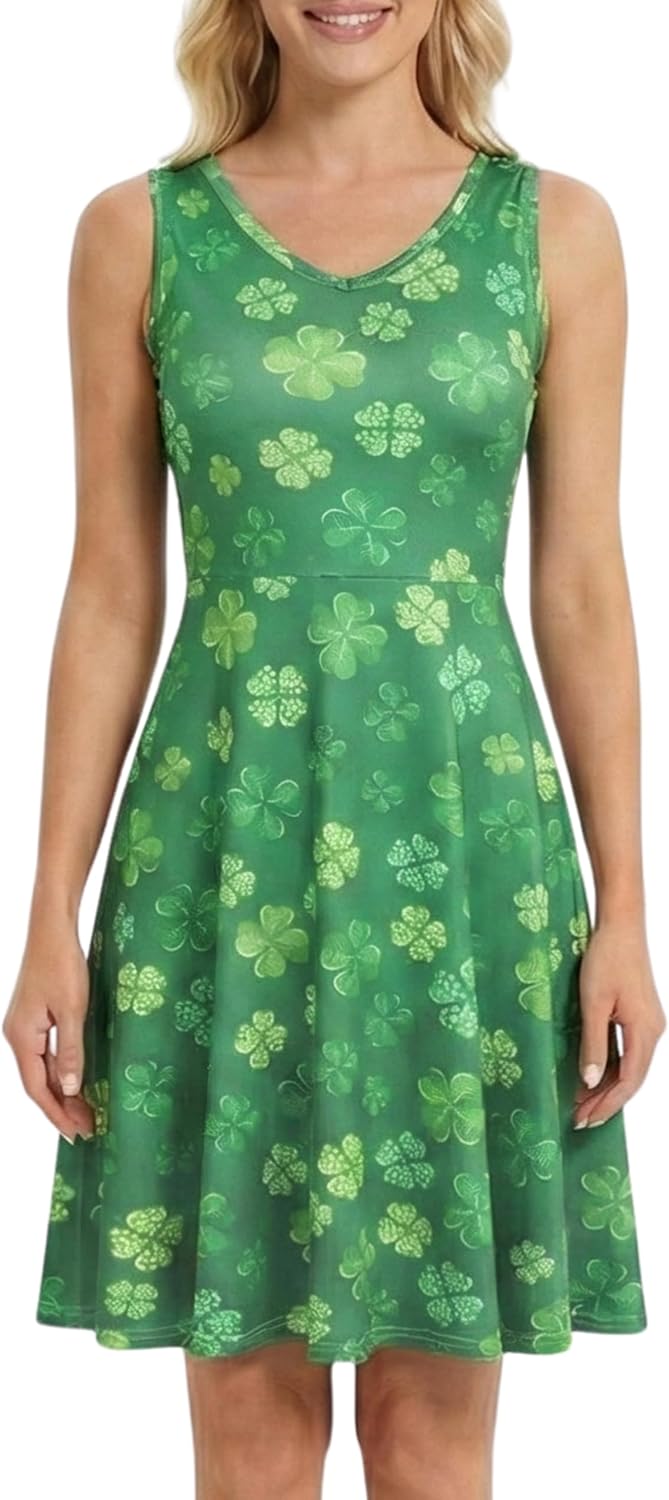 Womens St Patricks Day Dress Sleeveless V Neck Fit and Flare Short Casual Summer Tank Sundress