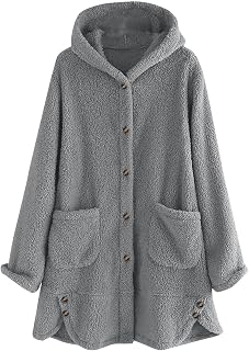 Womens Fleece Jacket Tops Long Sleeve Button Down Sherpa Coats Fall Winter Plush Fuzzy Hooded Jackets with Pockets