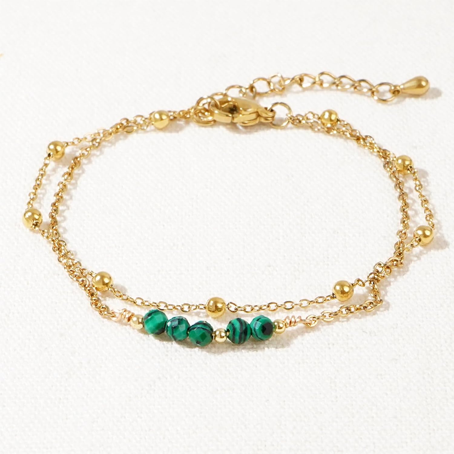 Dainty Gold Beads Chain Layered Bracelets for Women, Boho Handmade Adjustable Green Gemstone Quartz Crystal Natural Healing Stone Bracelet Prom Jewelry Gifts. - Image 4