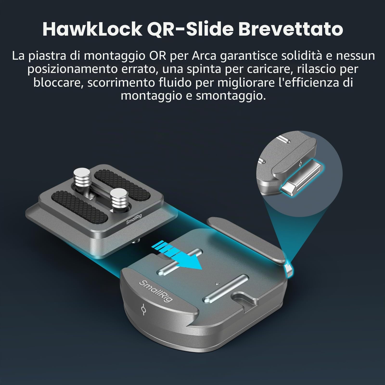 SMALLRIG Piastra di Montaggio a Sgancio Rapido per Arca-Swiss, Piastra per Fotocamera QR-Slide con Due Fori Filettati da 1/4"-20 per Manfrotto o Treppiede, HawkLock H38-4486