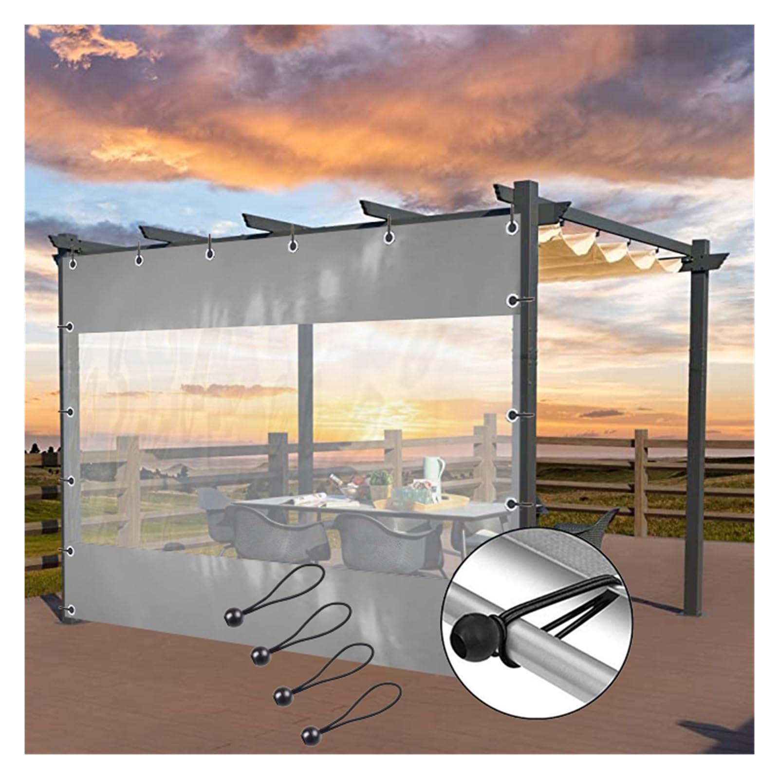 AFGZQ Clear Tarp Curtains PVC Tarpaulin, with Bungee Cord Waterproof Transparent Tarpaulin Side Panels for Outdoor Pergola Gazebo Porch (Color : Grey, Size : 12'Hx10'W/3.7x3m)