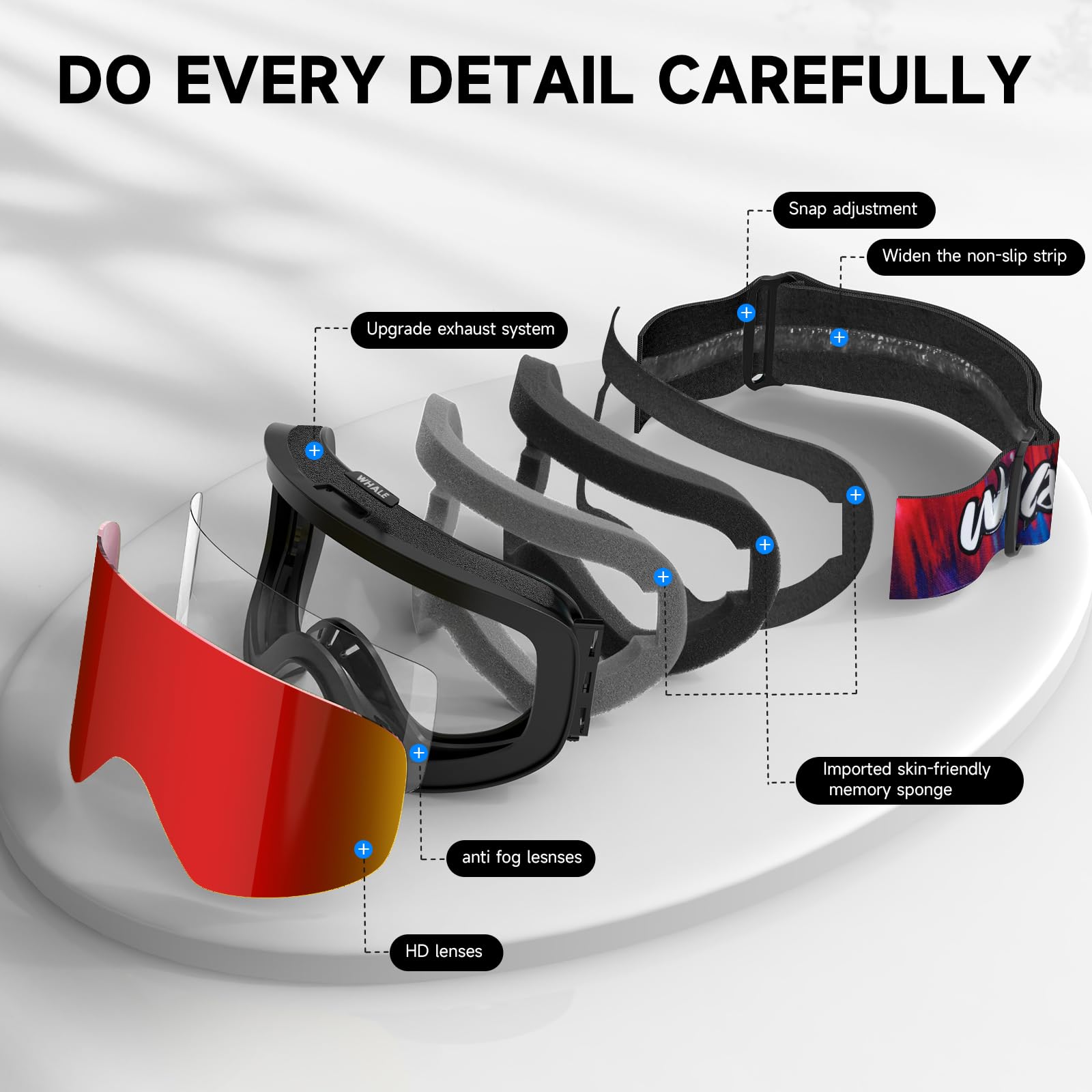 Whale Lunettes de ski OTG anti-buée sans monture pour homme, femme et jeune – Protection UV à 100 %