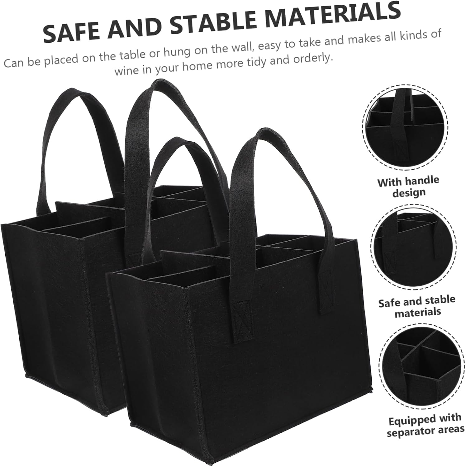 Black Felt Wine Bottle Carrier Tote Set, 2Pcs with 6 Compartments