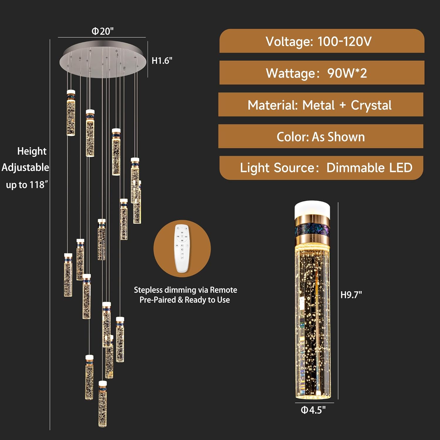 Modern Crystal Staircase Chandelier for High Ceilings, 118", Dimmable LED with Remote, Spiral Long Crystal Chandeliers for Staircase, Double-Height, 2-Story Foyer, Entryway, High Ceiling