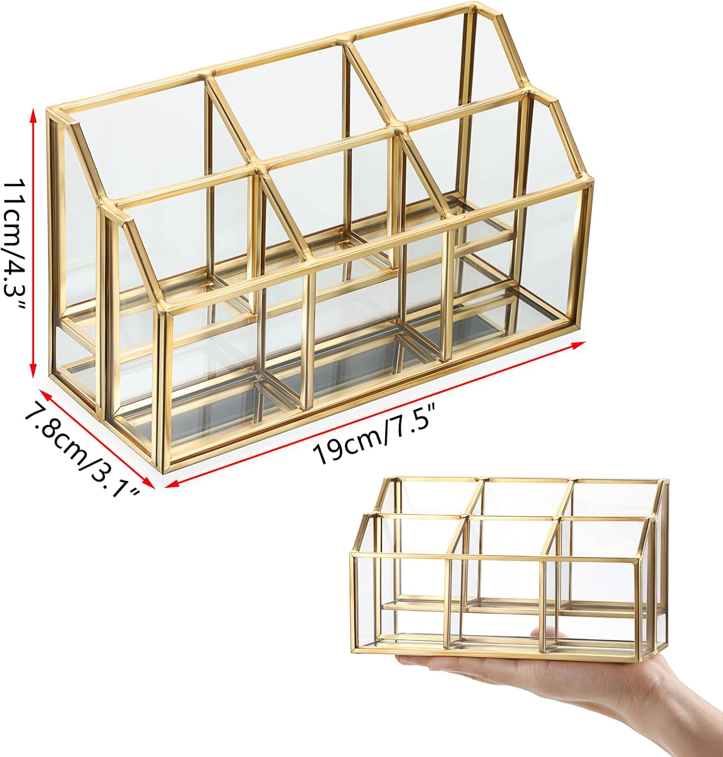 Hipiwe Business Card Display Stand Vertical Gold Name Card Holder with Mirror Metal Glass Desktop Organizer for Office Exhibition, 2 Layers 6 Slots