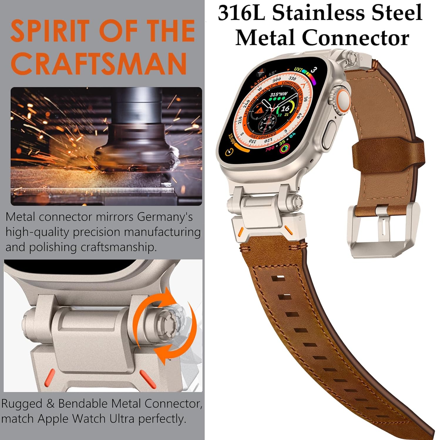 WINGLE Leather Bands for Apple Watch Band Ultra 3/2/1 Band Ultra 49mm Series 11 10 46mm 45mm 44mm 42mm SE 3/2/1 9 8 7 6 5 4 3 2 1 Men, Genuine Leather Rugged Metal Connector Apple iWatch Sport Bands