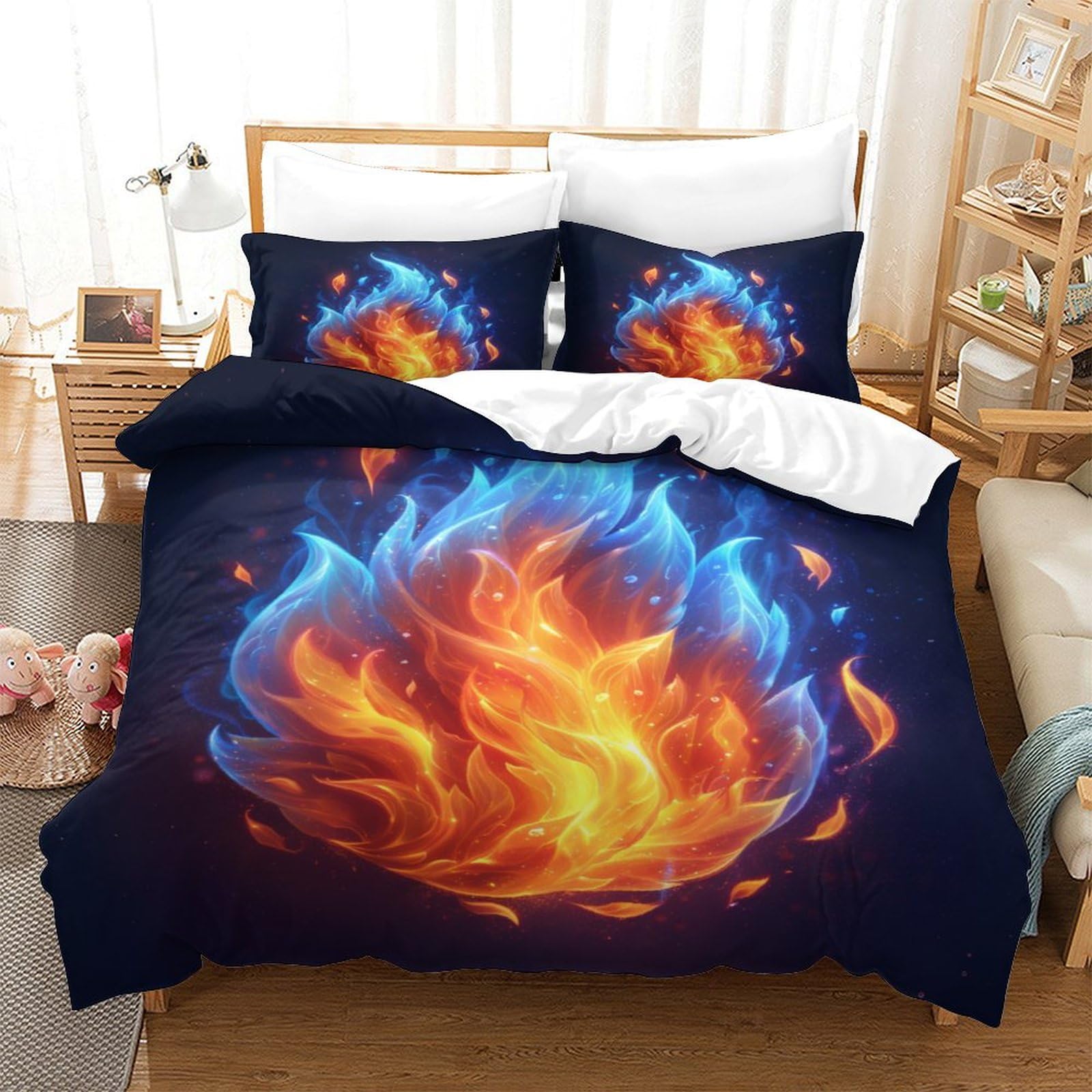 Housse de couette hypoallergénique zippée ultra douce motif flammes