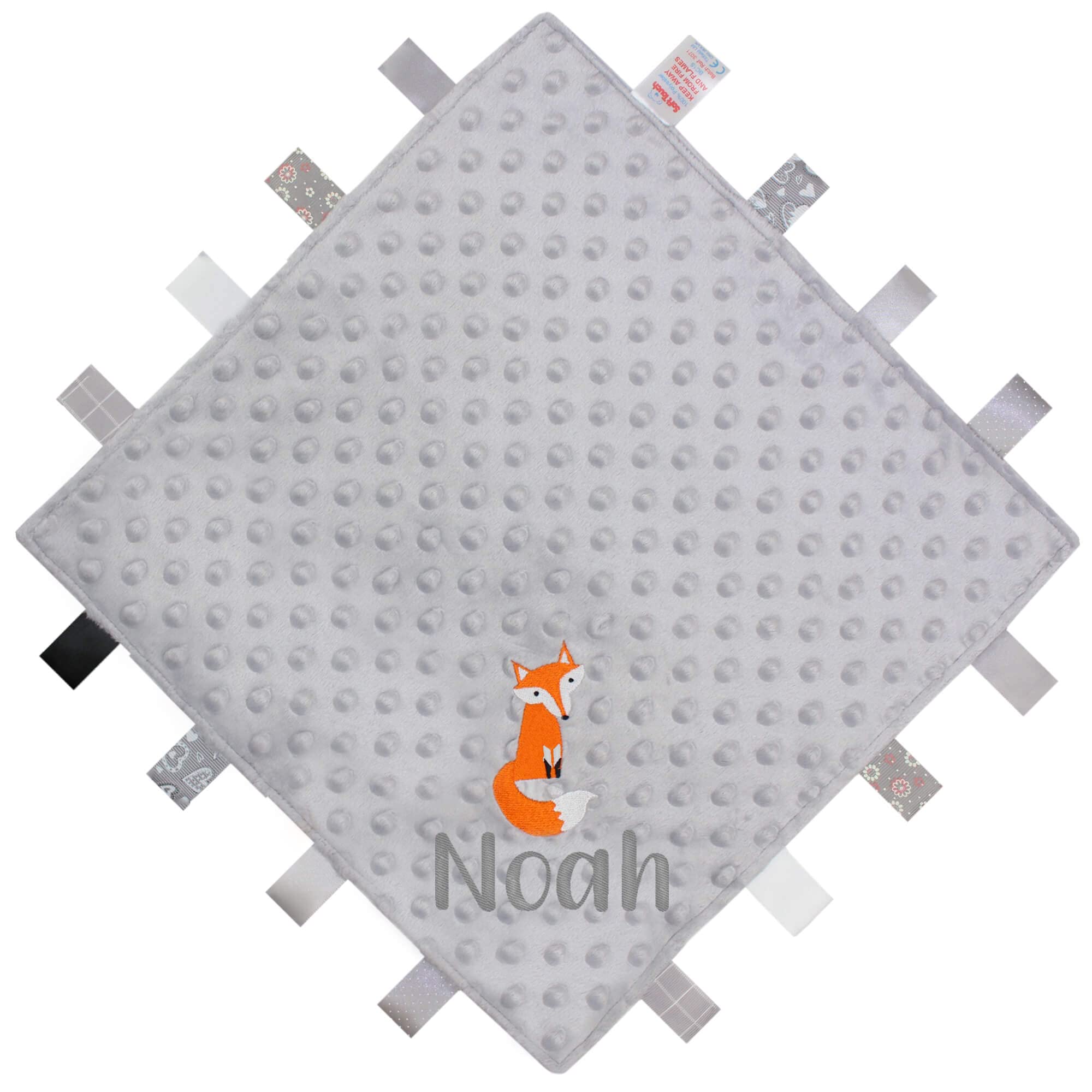 Teddyts Grey Personalised Embroidered Fox Baby Taggy Blanket Comforter