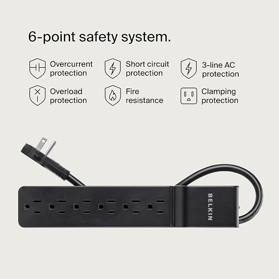 Belkin Surge Protector Power Strip with 6 AC Outlets, 6ft/1.8M Long Heavy-Duty Extension Cord, 360-Degree Rotating AC Plug for Conference Rooms, Computer Desktops, More - 600 Joules of Protection