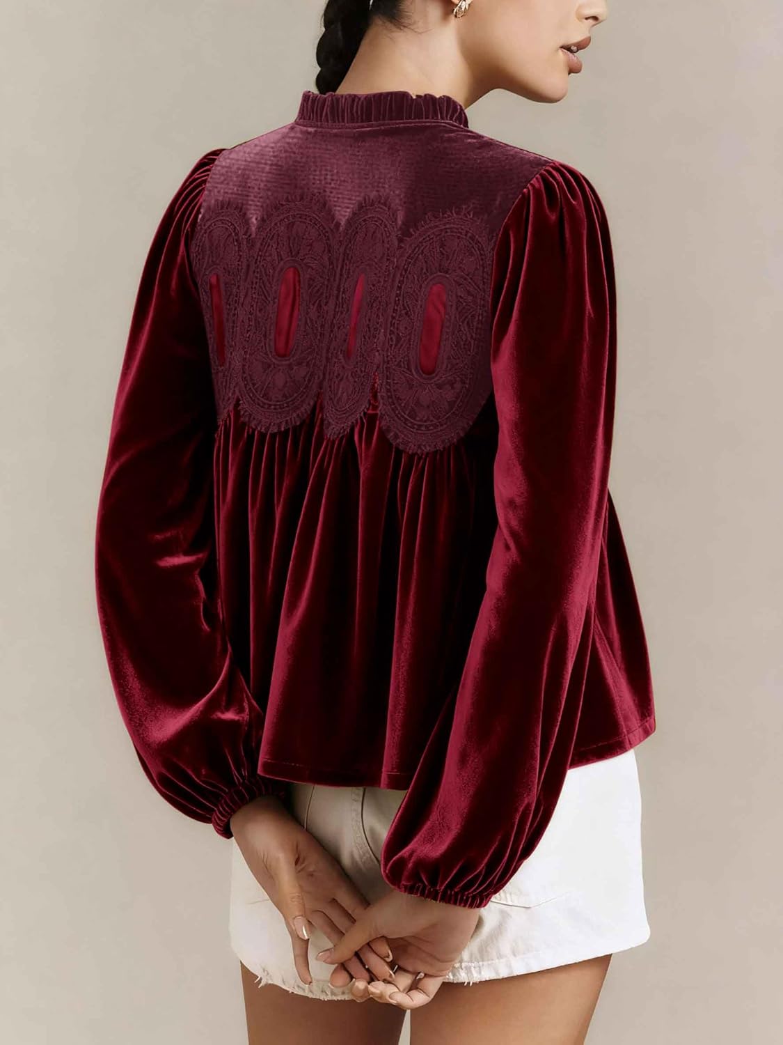 Women’s Lace Velvet Tops for Women Puff Long Sleeve Trim Flared Round Neck Swing Blouse Elegant Loose Peplum Shirt - Image 2