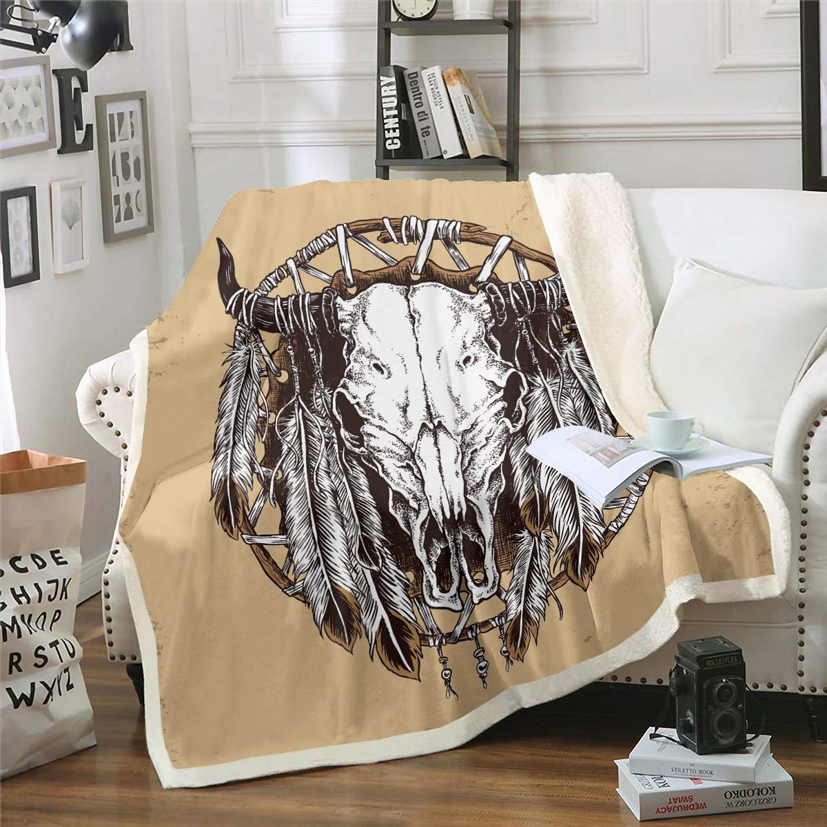 Cow Skull Plush Blanket Gothic Skull Fleece Throw Blanket Skeleton Bones Sherpa Blanket for Kids Boys Girls Tribal Elements Feathers Fuzzy Blanket Retro Bed Chair Room Decor Baby 30x40 Inch