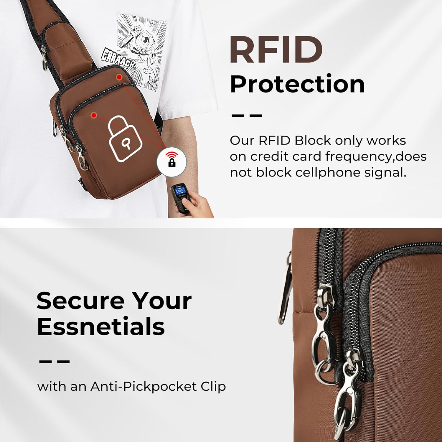 BROADREAM Mini Crossbody Sling Bag, Small Chest Bags Dual Pocket with Zipper Lock, RFID Blocking & Water Resistant Women Men