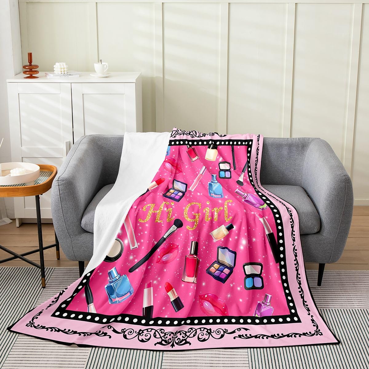 Girls Women Cosmetic Flannel Blanket Room Decor Warm Lightweight,Makeup Theme Modern Fashion Decor Lipstick Lip Fuzzy Warm Blanket,Retro Black Flowers