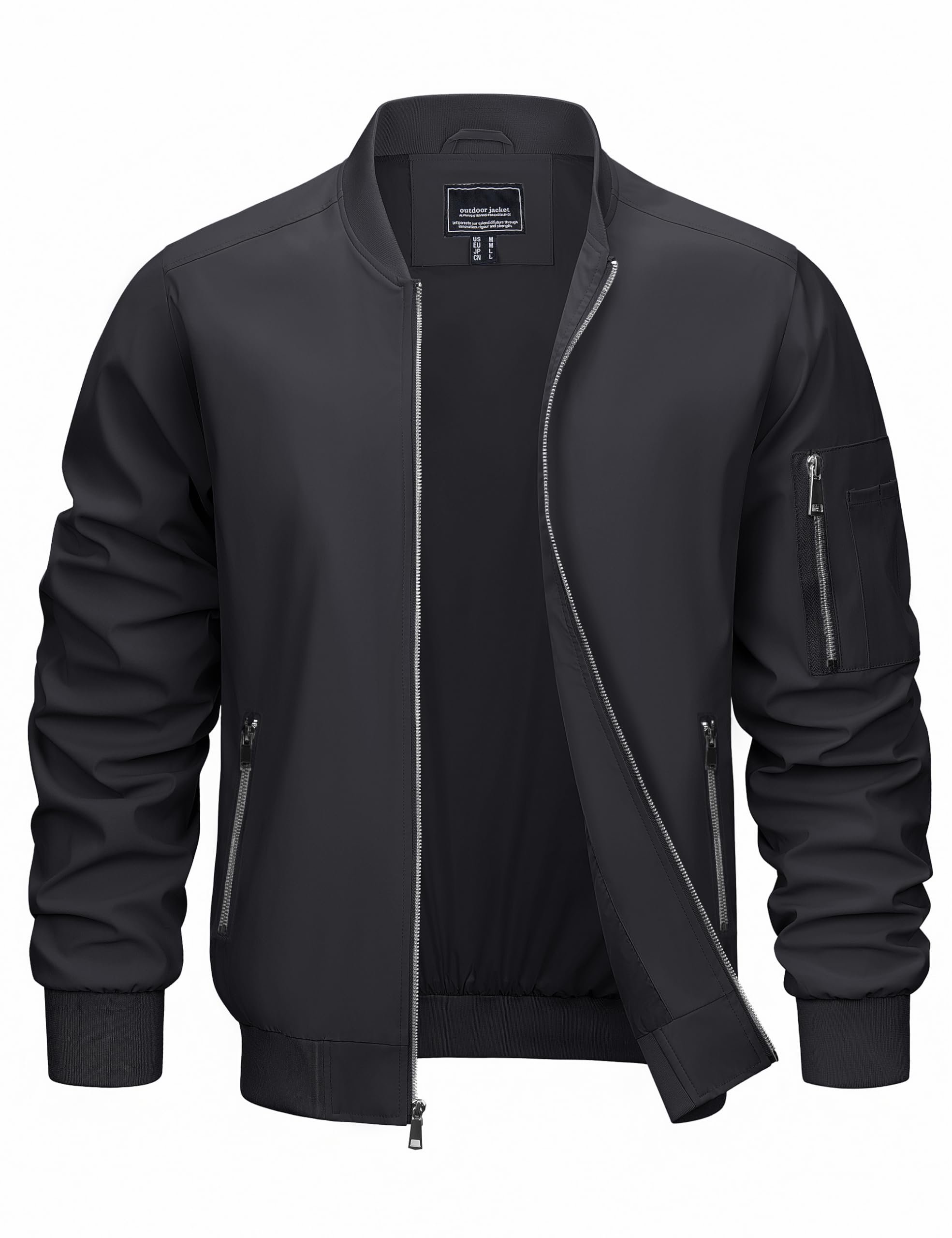 CRYSULLY Men's Bomber Jacket Lightweight Spring Fall Casual Windbreaker Full Zip Waterproof Outwear Coats Black M