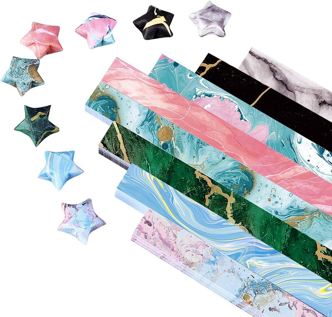 Paperkiddo 800 Sheets Origami Stars Paper - 8 Different Marble Pattern Designs for Arts Crafts, Kids, Grown-ups, School Teachers - Folding Star Strips