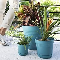 Vista 2 de Bloem Saturn 7" Bermuda Teal Round Resin Planter Pot with Snap-in Saucer for Indoor and Outdoor Gardening