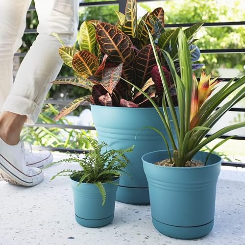 Vista 2 de Bloem Saturn 7" Bermuda Teal Round Resin Planter Pot with Snap-in Saucer for Indoor and Outdoor Gardening