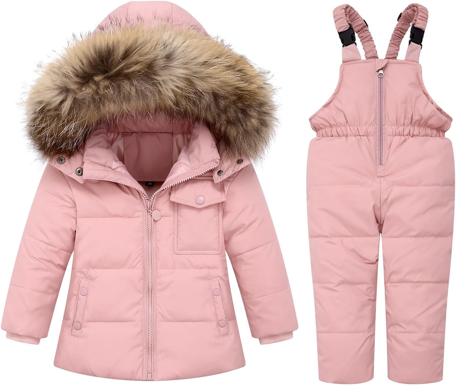 Baby Boys Girls Two Piece Snowsuit, Toddler Winter Hooded Puffer Down Jacket Coat with Ski Bib