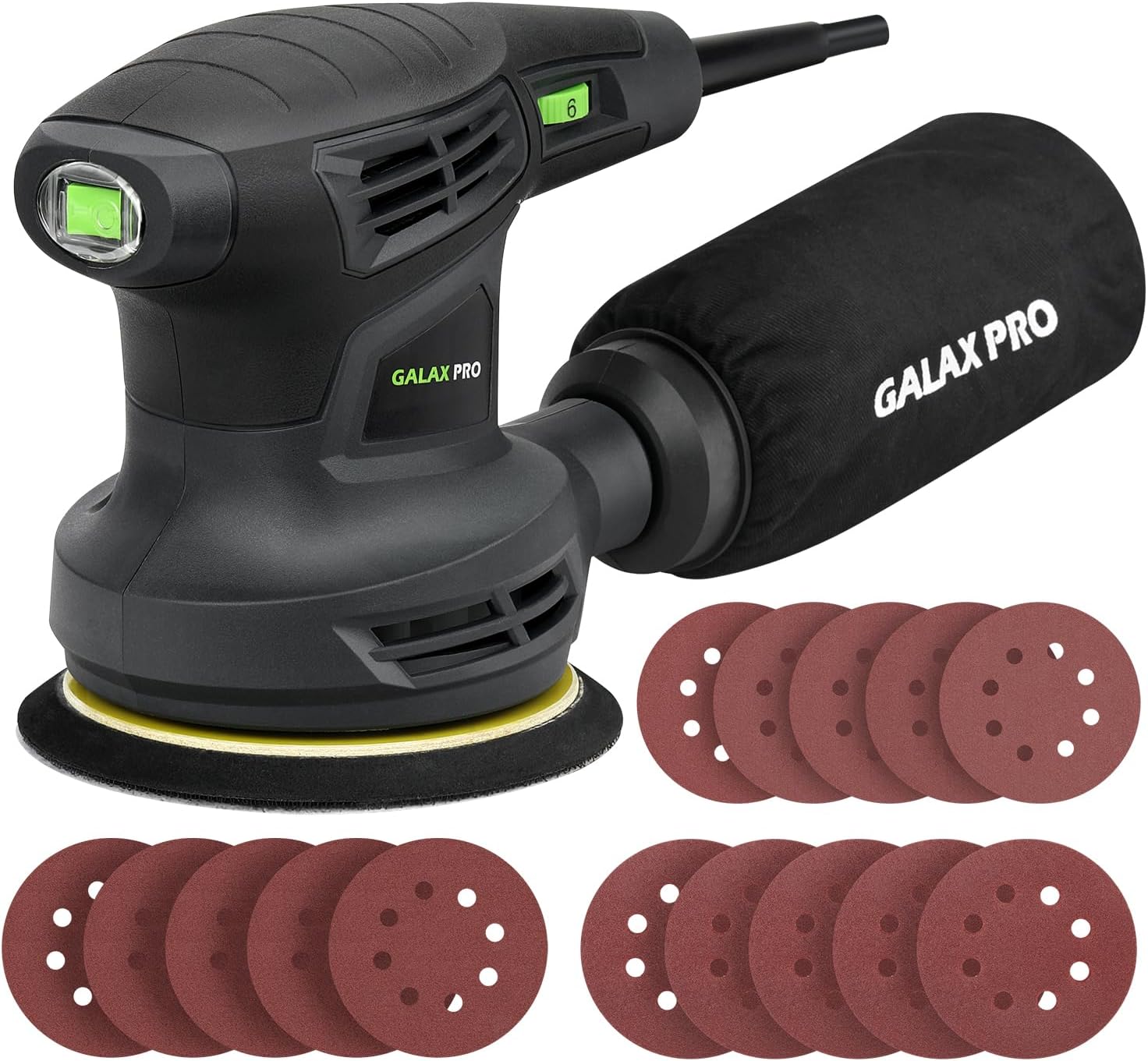 GALAX PRO Orbital Sander,280W 13000 OPM Random-Orbit Sanders 6 Variable Speeds with 15Pcs Sanding Discs 125mm, Electric Sander with Dust Collector for Sanding and Polishing