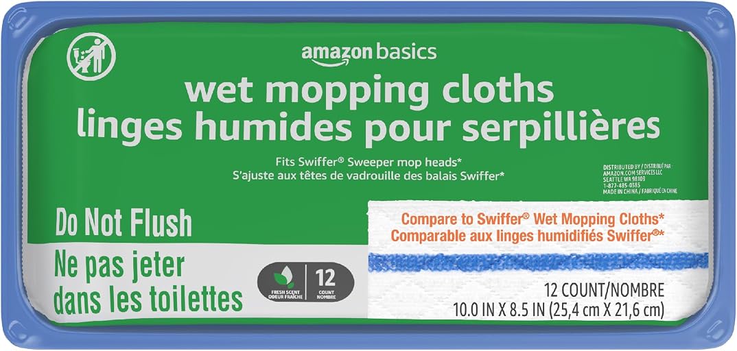 Amazon Basics Wet Mopping Cloth Refills, Floor Cleaning, Fresh Scent, 12 Count (Fits Swiffer Sweeper Mop Heads)