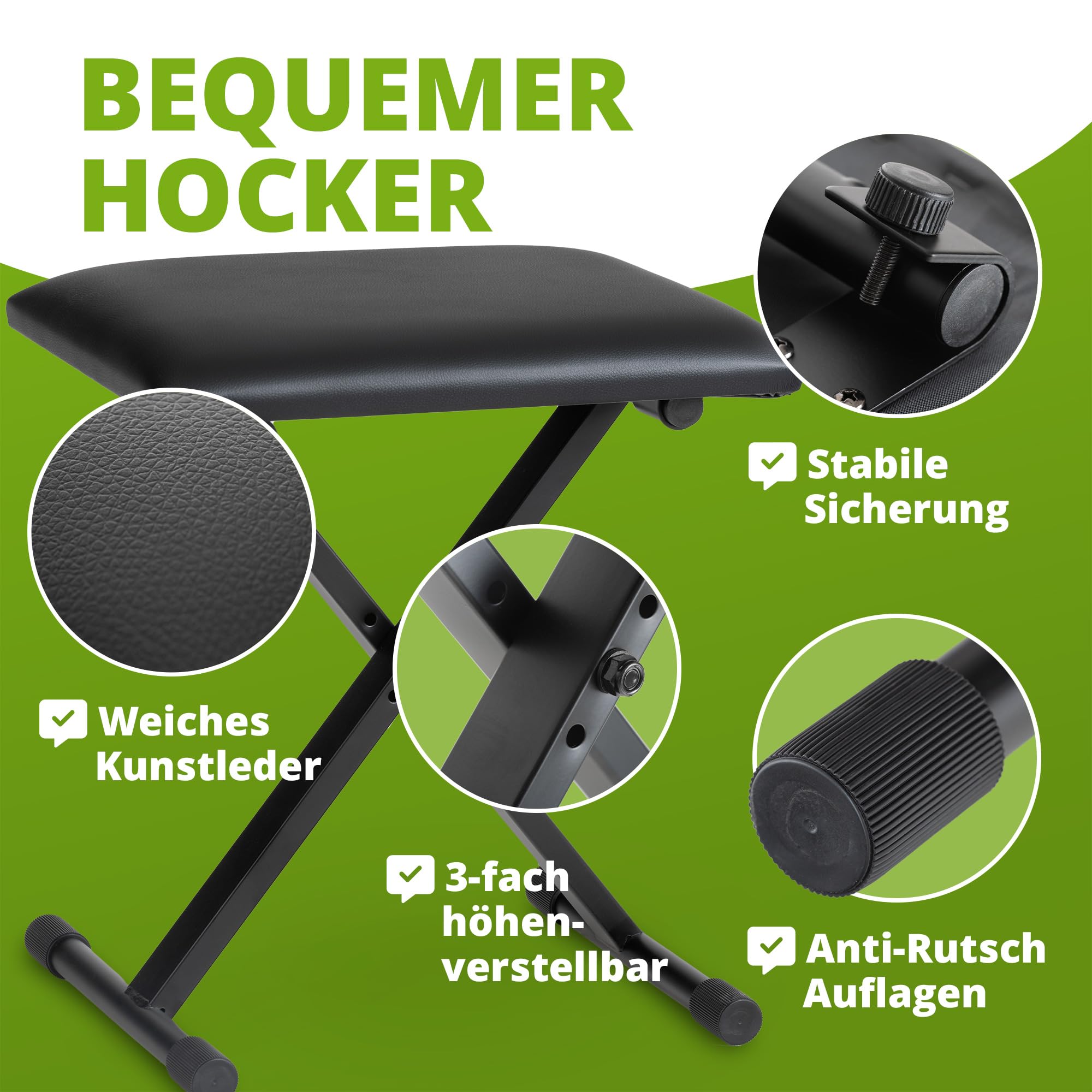 Classic Cantabile Keyboard-Set - X-Keyboardständer 5-Fach höhenverstellbar - gepolsterte Keyboardbank 3-Fach höhenverstellbar – Stabiler, klappbarer Ständer und komfortabler Klavierhocker - schwarz