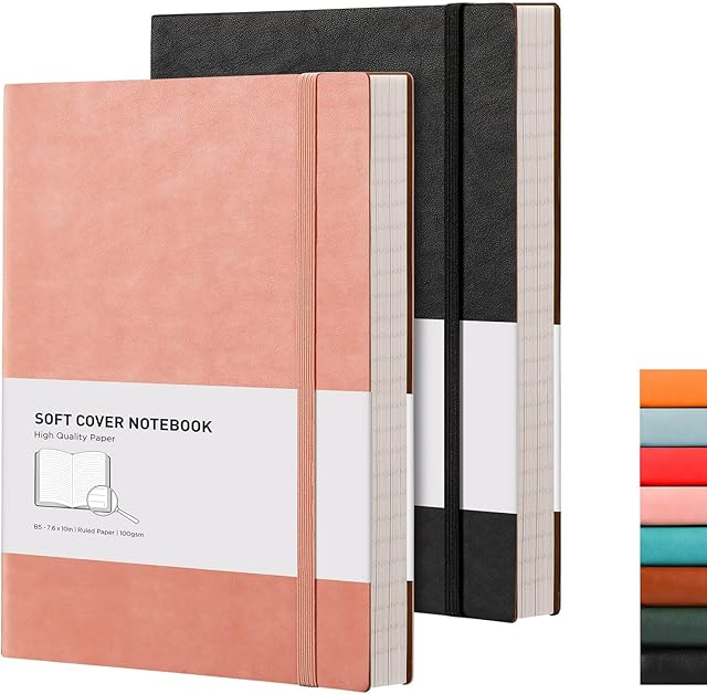 RETTACY B5 College Ruled Notebook Thick Lined Journal 2 Pack - Extra Large Softcover Composition Notebooks with Total 408 Numbered Pages 2 Free Sticky Notes Divider, 100gsm Paper 19 x 25 cm