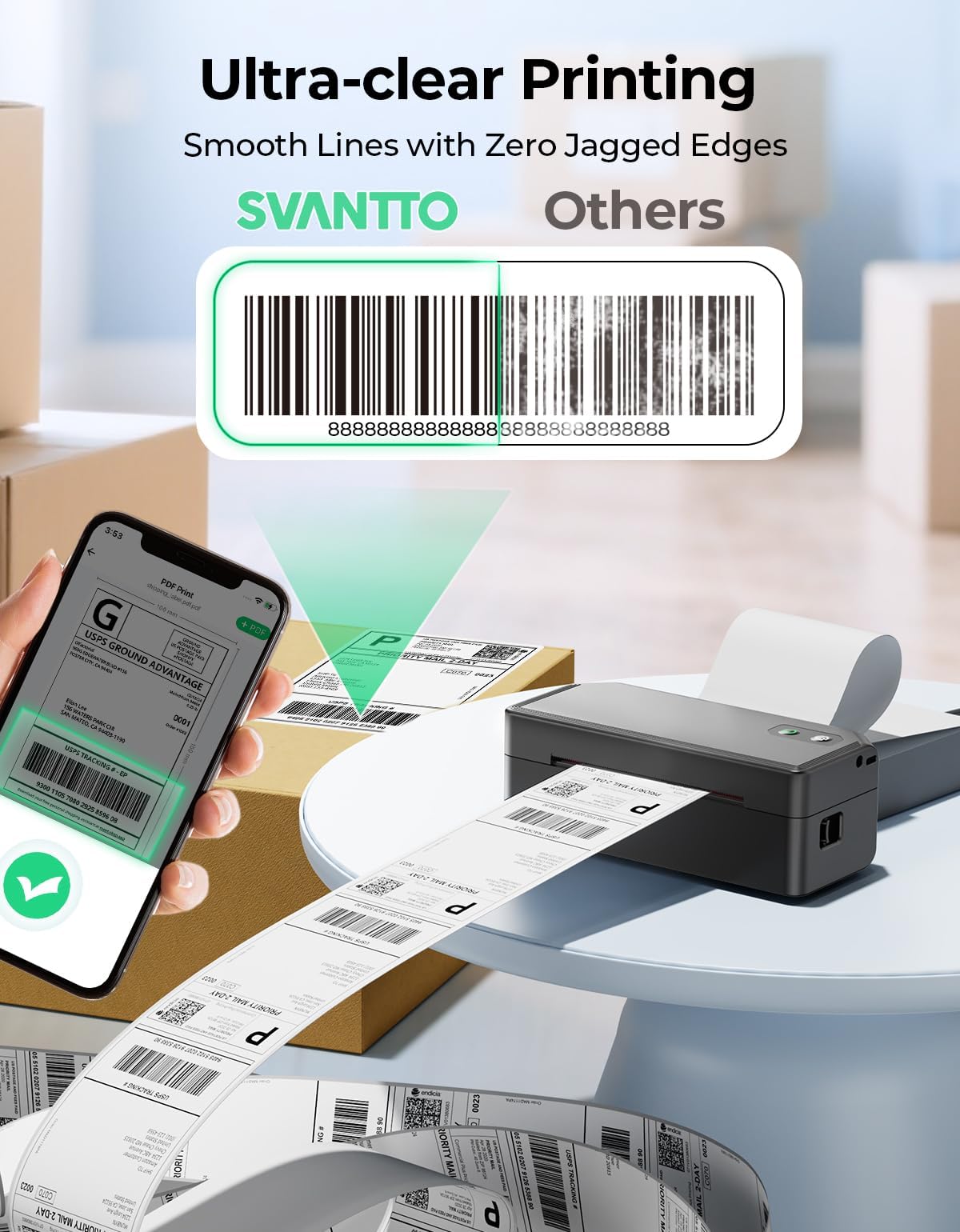 SVANTTO Stampante etichette spedizione Bluetooth 10x15cm, compatibile con e Bay, Etsy, Shopify, Compatibile con iOS, Android, macOS e Windows, Offre un’ampia libreria di etichette personalizzabili