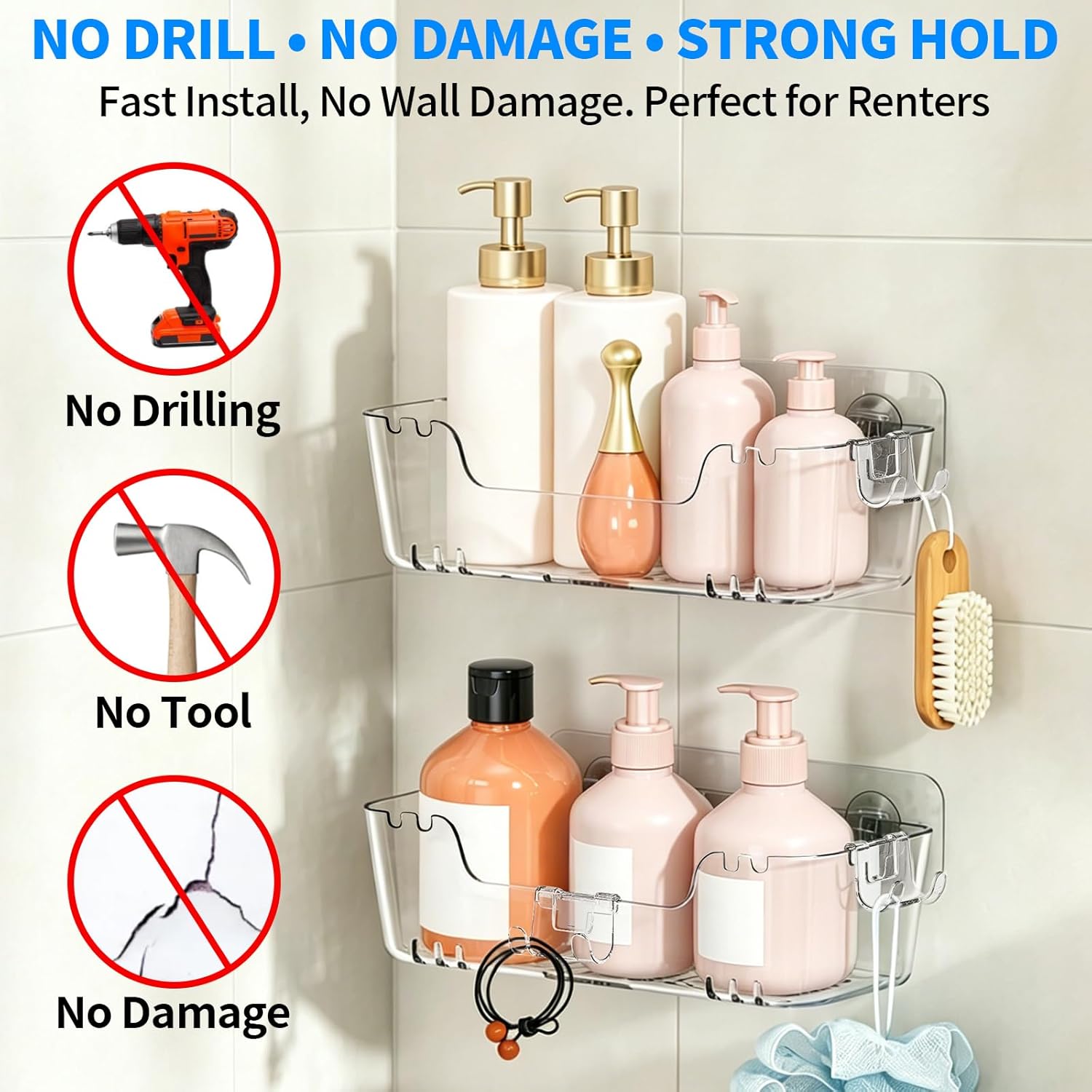 CGBE 5-Pack Shower Caddy Adhesive Set: No-Drill Shower Shelves for Wall with Hooks, Rustproof Bathroom Wall Shelf with Extra Adhesive Pads, Wall Mounted Organizer for Bathroom, Kitchen & Apartment